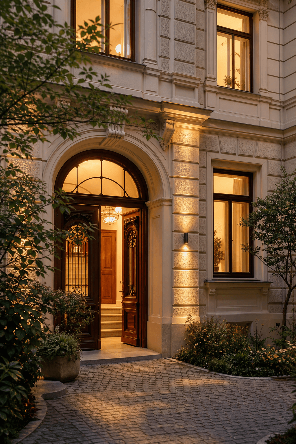 Warm beleuchteter Eingang eines Wiener Apartmenthauses